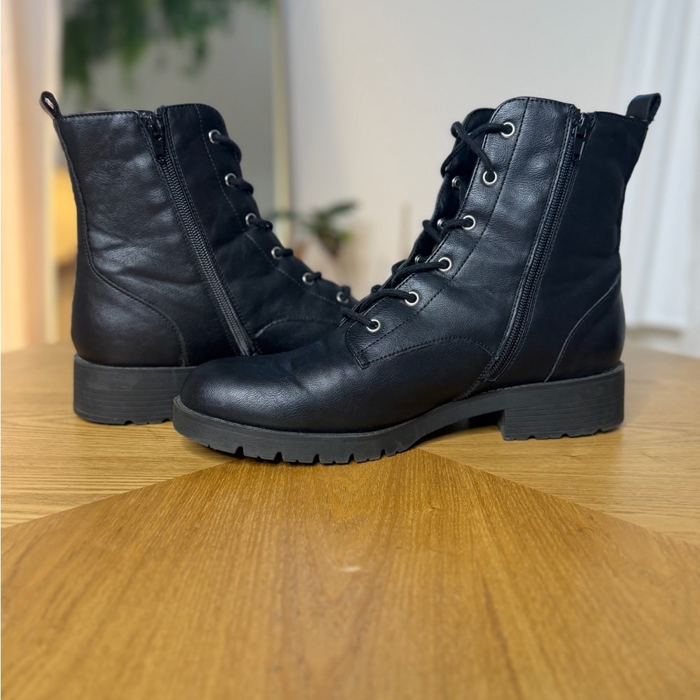 Sun + Stone Dark Leather Combat Boots.